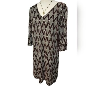 1729) Alexa B Nites Brown Sparkly 3/4 Bell sleeve Pull on Sheath Dress Size 14W